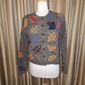 Sigrid Olsen Gray Multicolor Leaf Cardigan Size Small